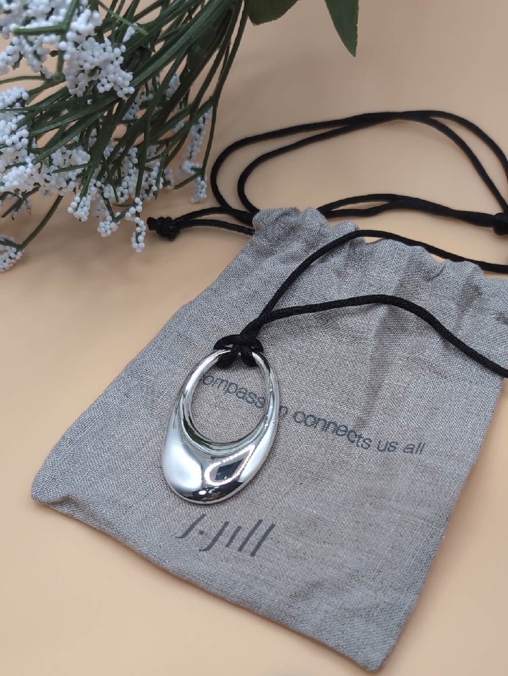 J. Jill Silver Oval Pendant Necklace with Black Adjustable Cord NWOT